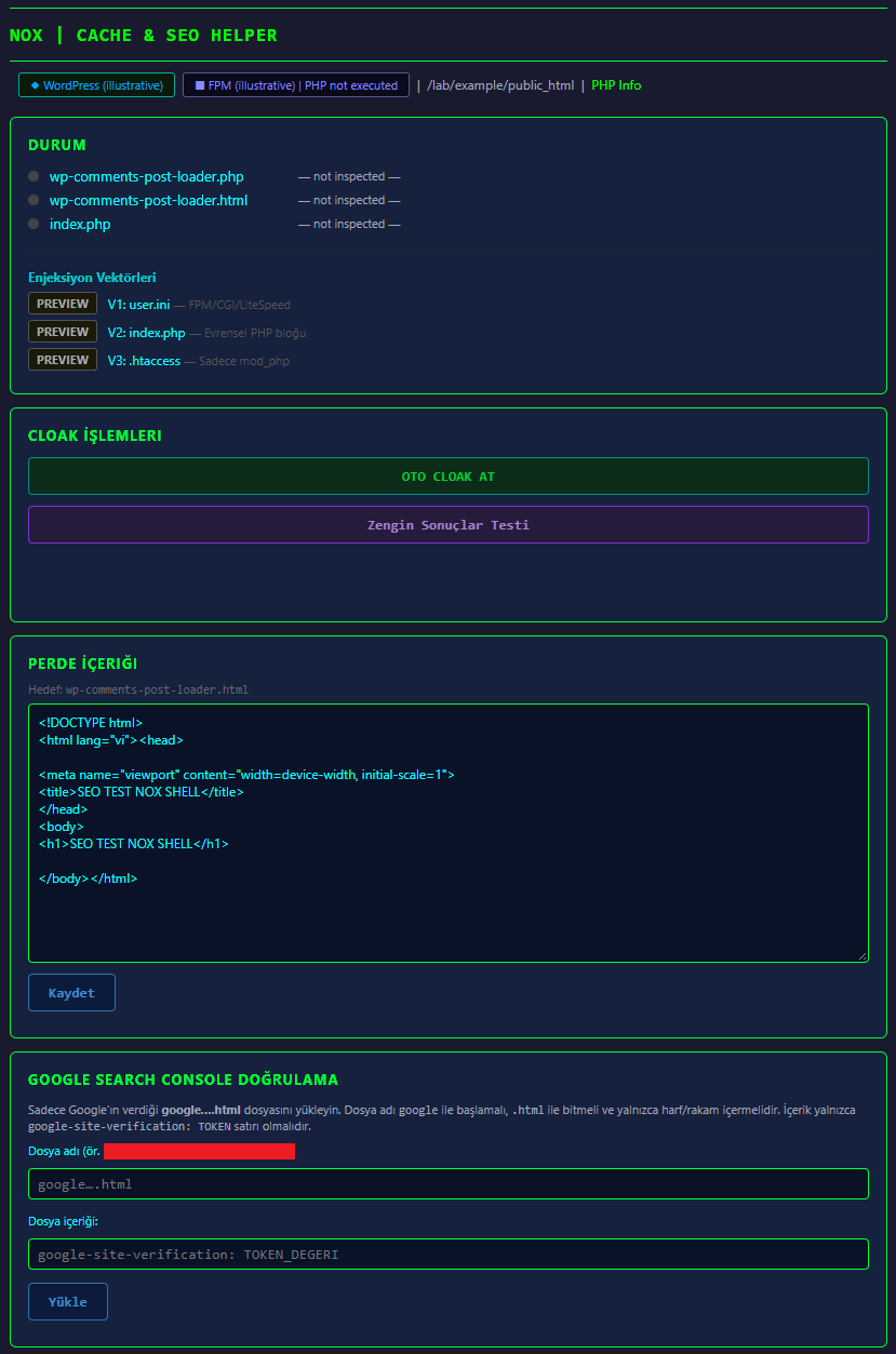 NOX dashboard preview with illustrative runtime values.